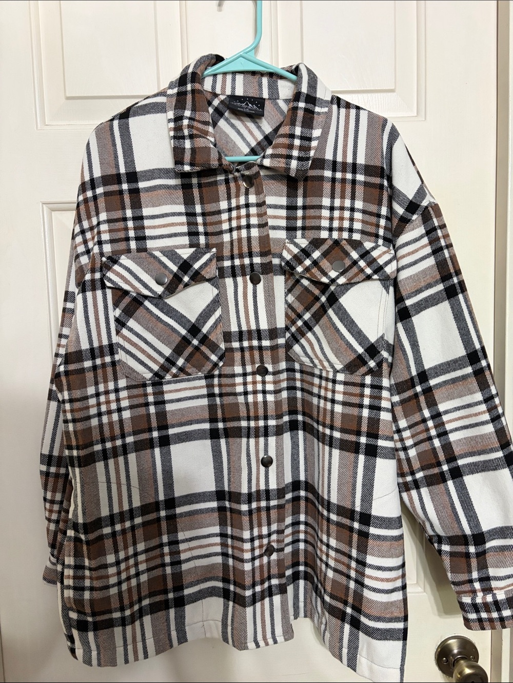 Plaid Utility Shacket in White and Brown - Unbranded